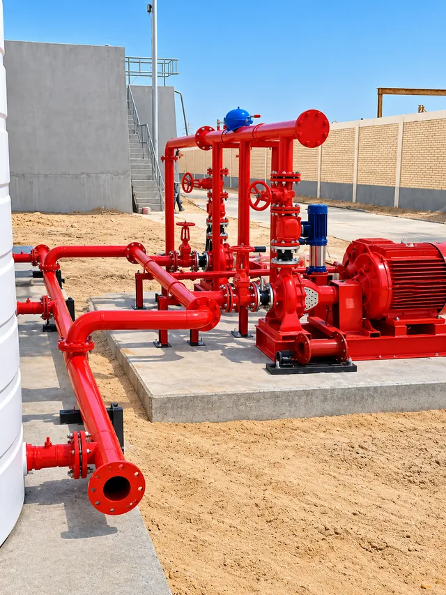 Outdoor fire pump skid on a concrete base