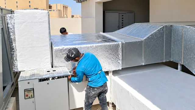 Duct insulation works at equipment connections