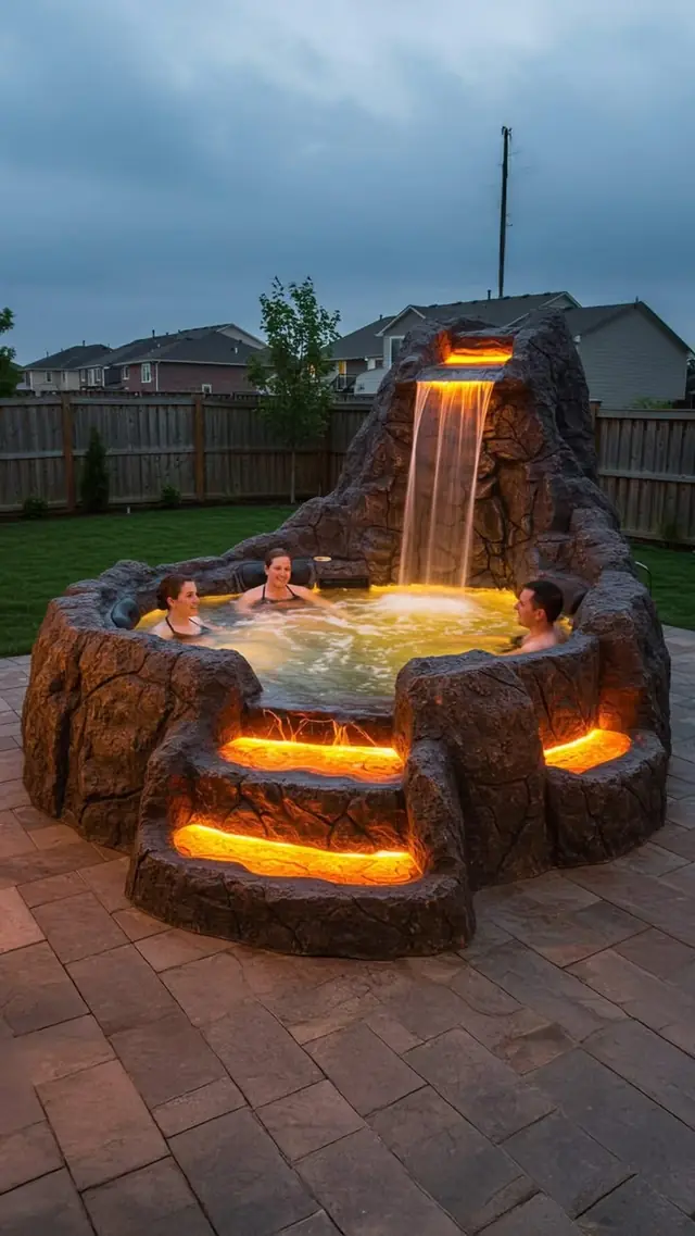 Concept: outdoor rock-clad hot tub with illuminated cascade