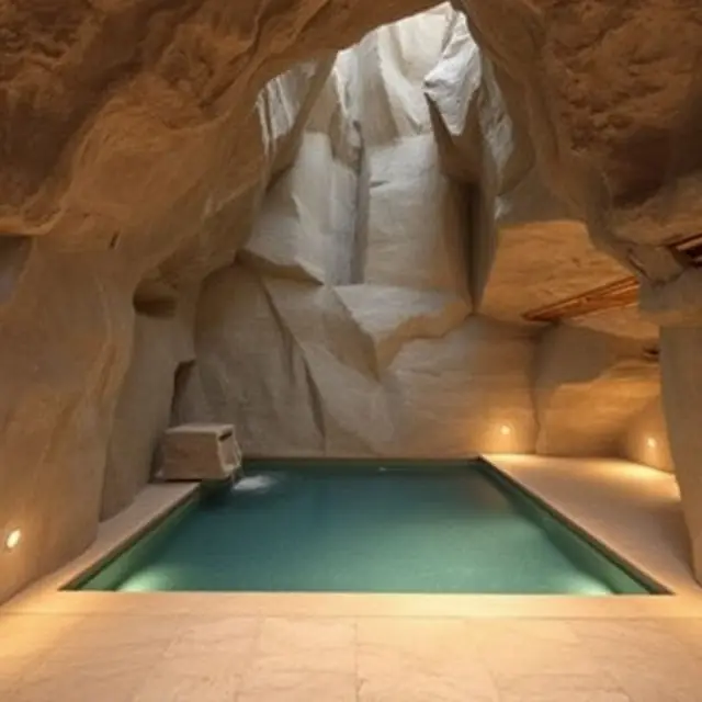 Rock-cave spa pool with concealed lighting