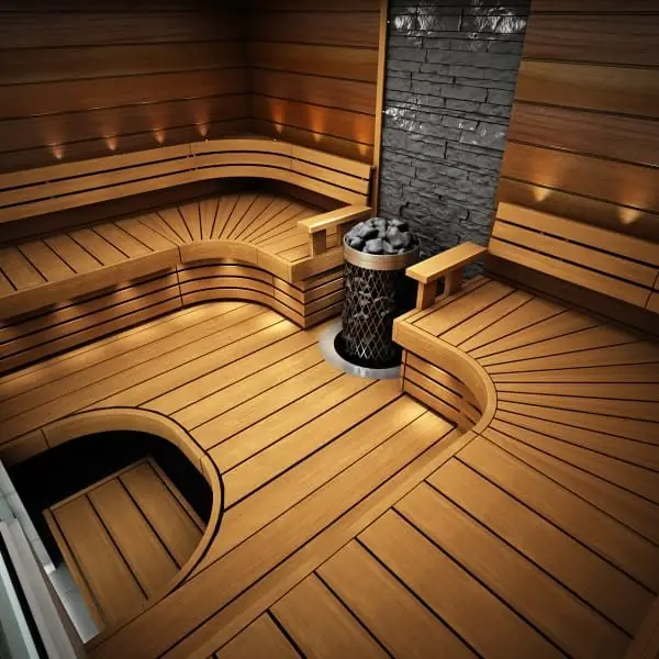 Concept: sauna with curved benches and stone heater
