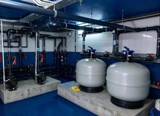 Twin sand filters on concrete plinths
