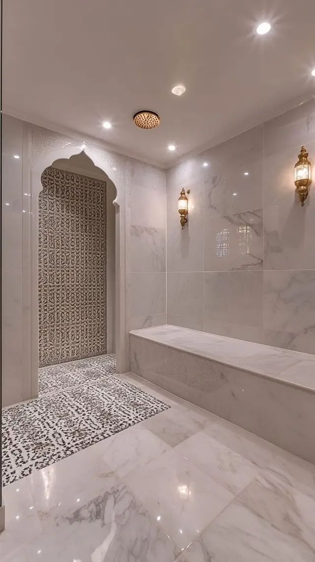 Marble hammam with bench and mosaic arch