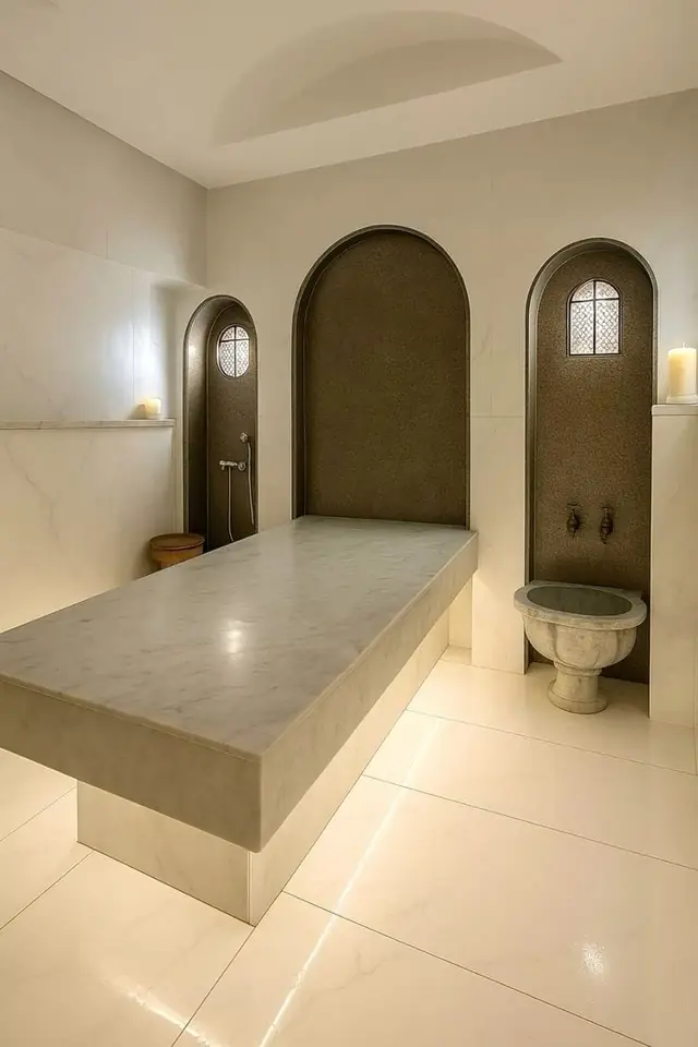 Hammam with massage slab and minimal arches
