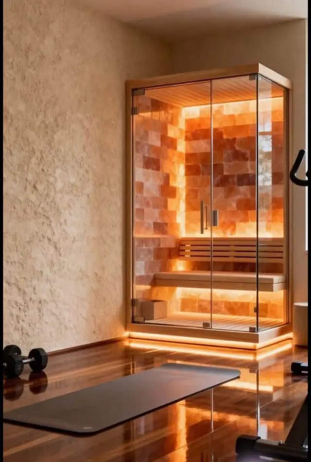 Glass cabin with illuminated salt wall